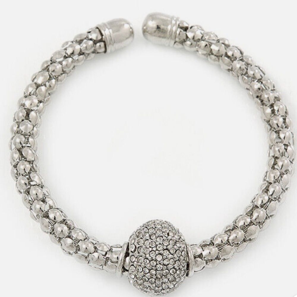 Silver Tone Mesh Flex Bracelet With 18mm Crystal Ball Cuff